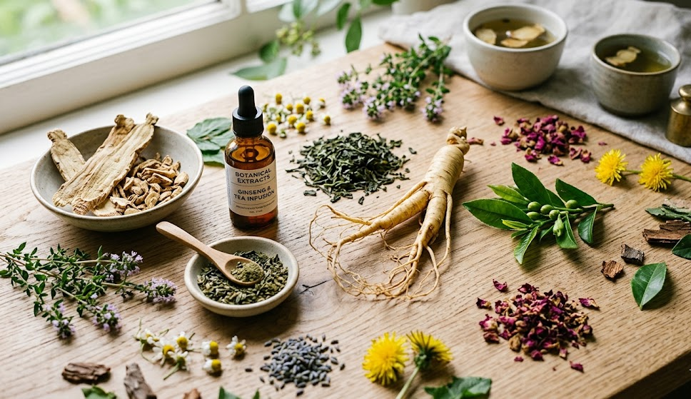 Natural herbal ingredients including ginseng root, green tea leaves, and botanical extracts arranged on a light wooden surface with soft natural lighting