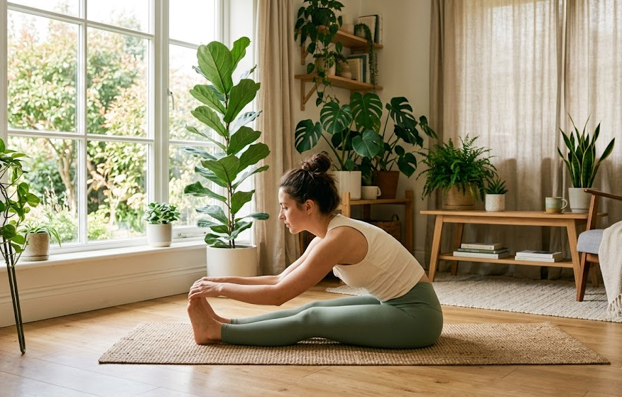 Person doing morning stretching exercises in a bright room with plants, natural light coming through window, healthy lifestyle concept